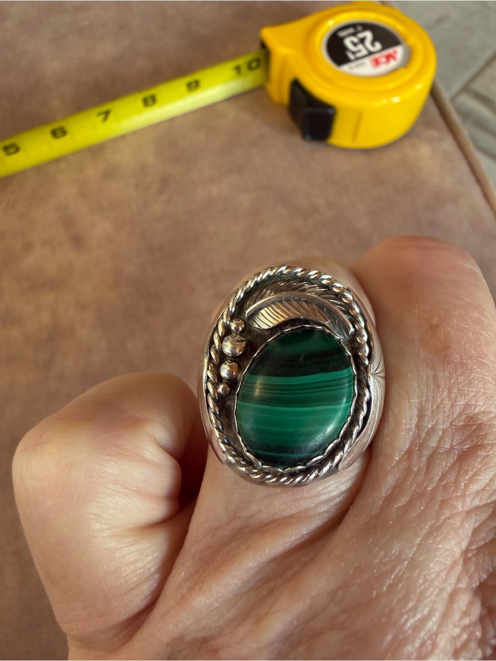 Vintage Sterling Silver Men's Ring with Green Malachite Stone